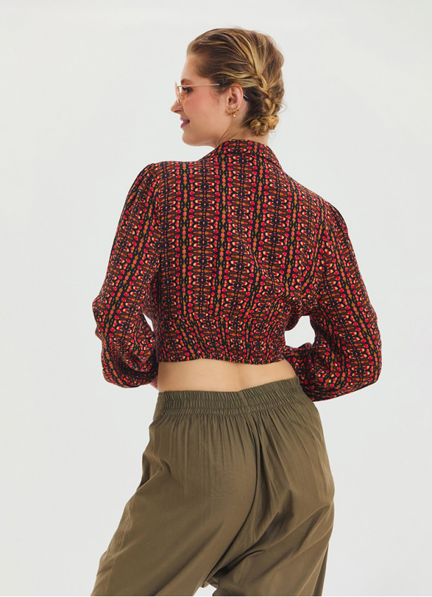 Patterned Shirt Collar Long Sleeve Red Crop Blouse 4431
